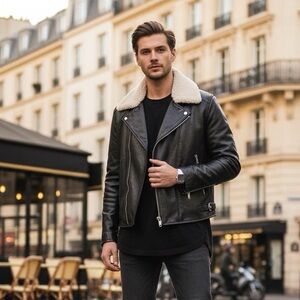 the kooples men leather biker jacket collar removable FEB sale